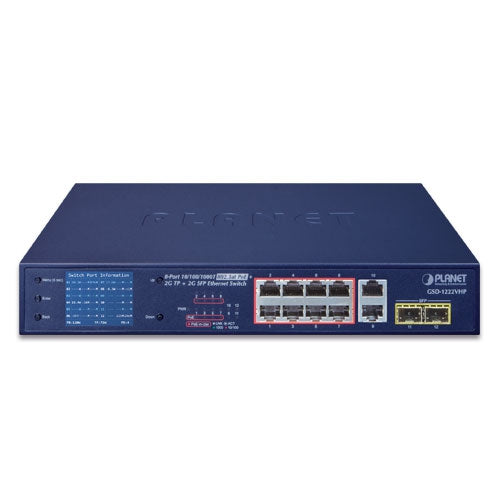 GSD-1222VHP    8-Port 10/100/1000T 802.3at PoE + 2-Port 10/100/1000T + 2-Port 1000X SFP Ethernet Switch -  -