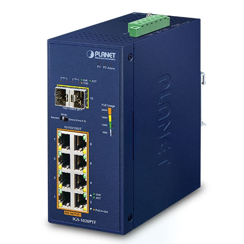 IGS-1020PTF Industrial 8-Port 10/100/1000T 802.3at PoE + 2-Port 100/1000X SFP Ethernet Switch