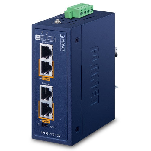 IPOE-270-12V IP30 Industrial 2-Port Multi-gigabit 802.3bt PoE++ Injector (180 Watts budget, PoE Usage LED, 10M/100M/1G/2.5G/5G speed, -40 to 75 C, dual 12V~56V DC power boost)