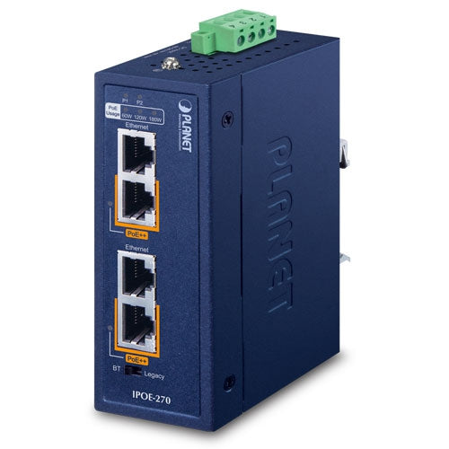 IPOE-270    IP30 Industrial 2-Port Multi-gigabit 802.3bt PoE++ Injector (180 Watts budget, PoE Usage LED, 10M/100M/1G/2.5G/5G speed, -40 to 75 C, dual 48V~56V DC)