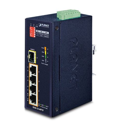 ISW-514PTF    4-Port 10/100Mbps with PoE + 1-Port 100FX Industrial Ethernet Switch Wide Operating Temperature