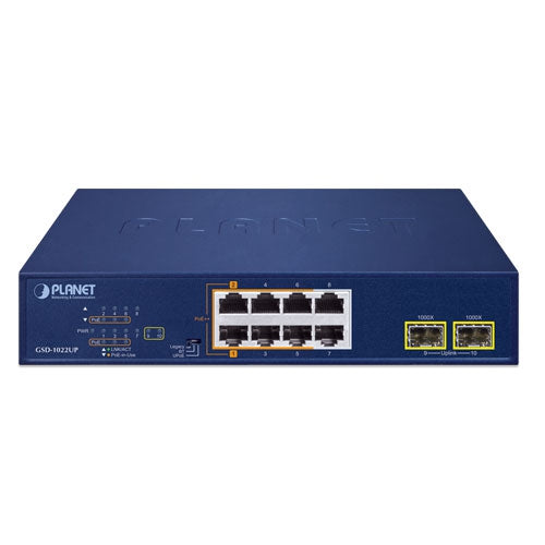GSD-1022UP  2-Port 10/100/1000T 802.3bt PoE + 4-Port 10/100/1000T 802.3at PoE + 2-Port 10/100/1000T + 2-Port 1000X SFP Desktop Switch