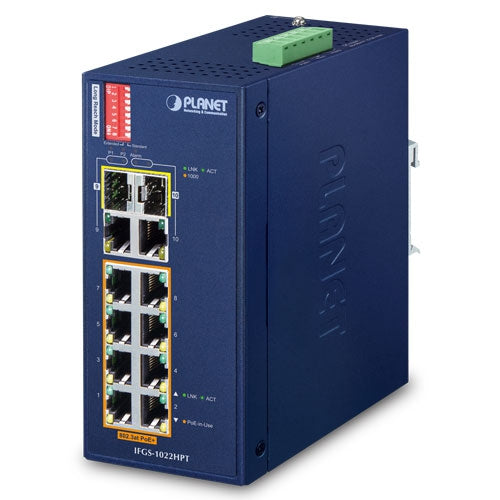 IFGS-1022HPT Industrial 8-Port 10/100TX 802.3at PoE + 2-Port Gigabit TP/SFP Combo Ethernet Switch - (v2) -