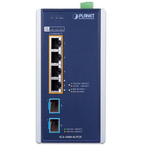 IGS-1000-4UP2X  Industrial 4-Port 10/100/1000/2500T 802.3bt PoE + 2-Port 10G SFP+ Ethernet Switch