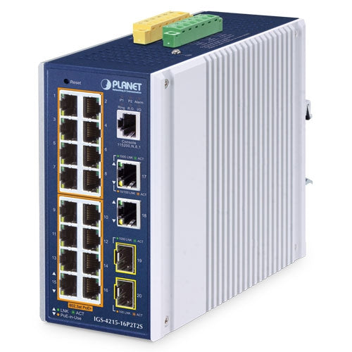 IGS-4215-16P2T2S  Industrial 16-Port 10/100/1000T 802.3at PoE + 2-Port 10/100/1000T + 2-Port 100/1000X SFP Managed Ethernet Switch - Planet